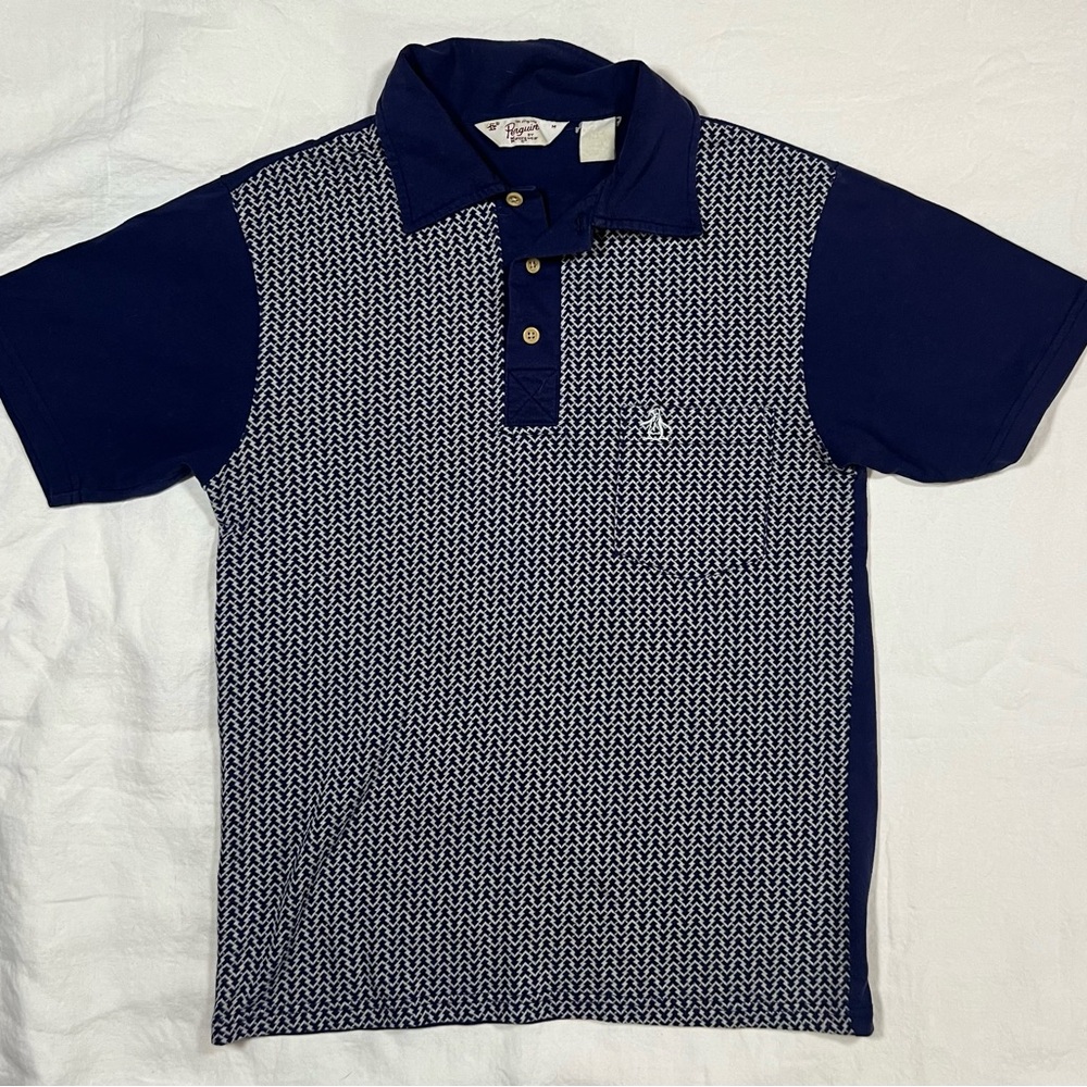Vintage Penguin by Munsingwear Patterned Polo Shirt Mens Medium Navy Blue Knit